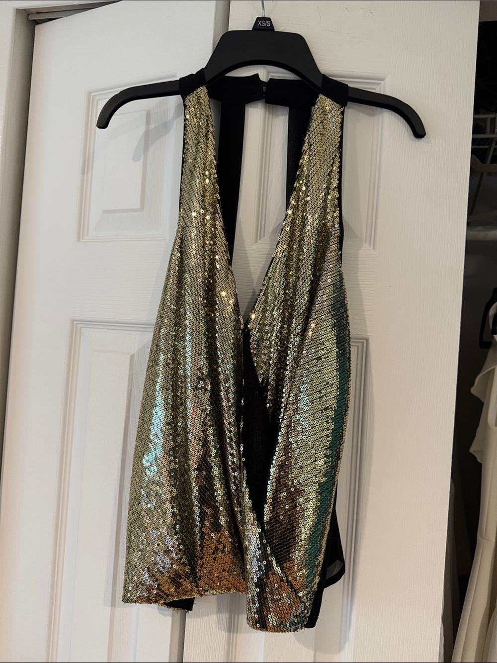 Astr Gold Sequin Halter Camisole with Black Trim